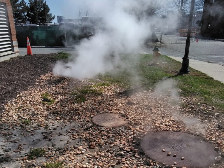 Steam wafting out of a manhole beside a roadside fire hydrant at the back of the building