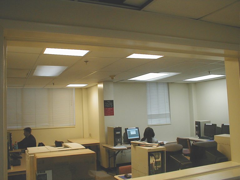 Troffer lighting shown in the drop ceiling grid of the Bice Hall Admin Office employee workspace