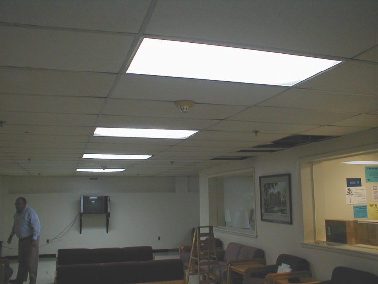 Troffer lighting shown in the drop ceiling grid of the Bice Hall Admin Office lobby