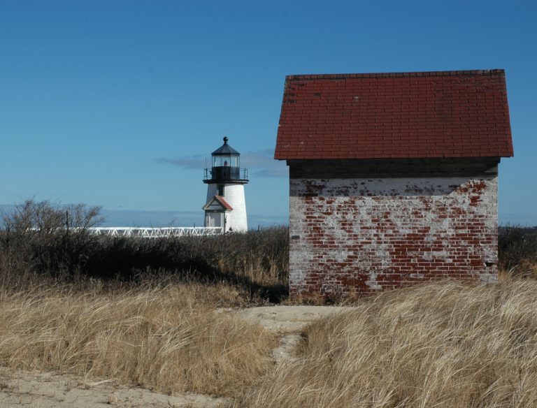 Dry sea grass blowing in the wind in front of a small brick and mortar observation hut with a white pier and classic styled lighthouse in the background