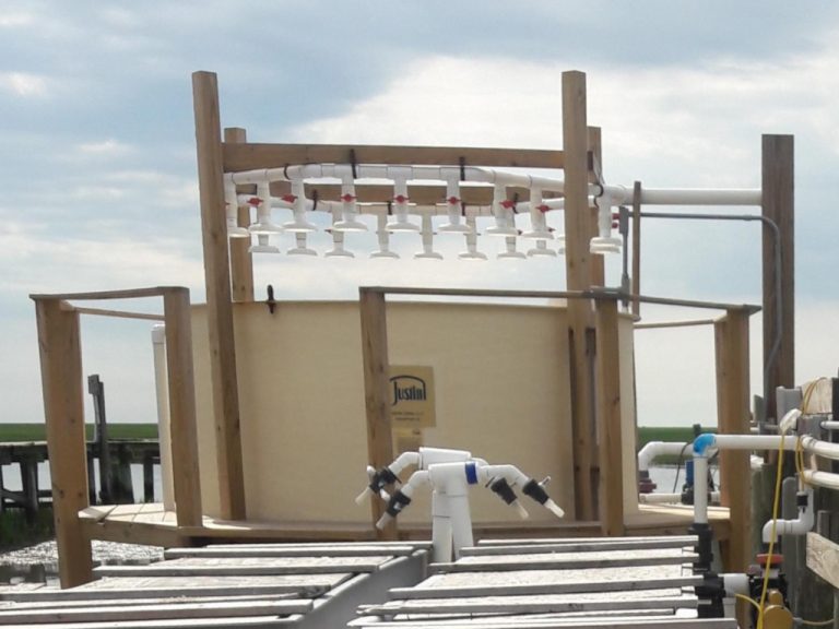 Large Justin brand fiberglass storage tank setup on an octagonal wooden deck underneath an array of pvc water supply nozzles with valves