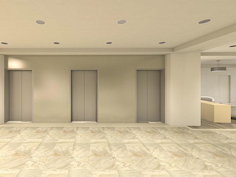 Rendering of the Doubletree Hotels' modern waiting area with cream colored marble flooring in front of three elevators nestled in cream colored walls covered by a ceiling with recessed lighting