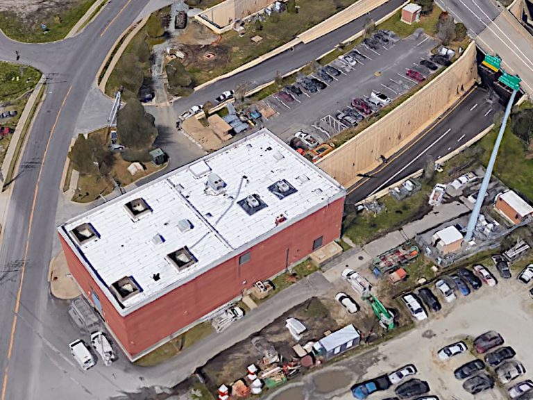 Ariel view of the parking lots and the building that houses Elizabeth River Crossing's control center for managing the midtown tunnel in Portsmouth Virginia