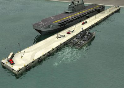 Modular Hybrid Pier Prototype in San Diego rendered drawing showing a carrier and two security boats berthed on the busy, new floating pier