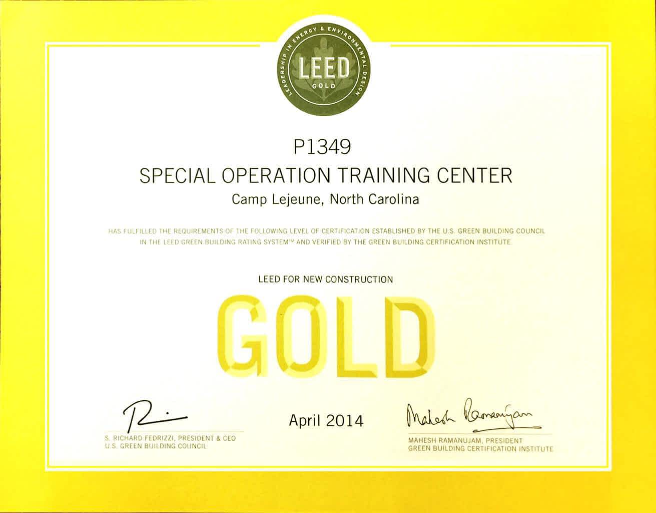 LEED for New Construction Gold Award Certificate for successfully designing building P1349 to the requirements established by the US Green Building Council