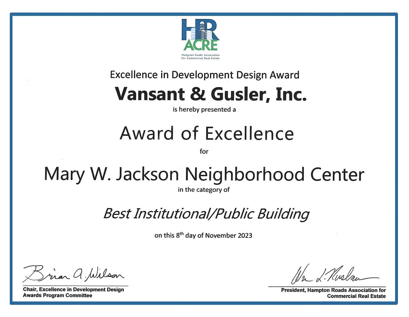 LEED for New Construction Silver Award Certificate for successfully designing the Seal Team Ops building renovation to the requirements established by the US Green Building Council